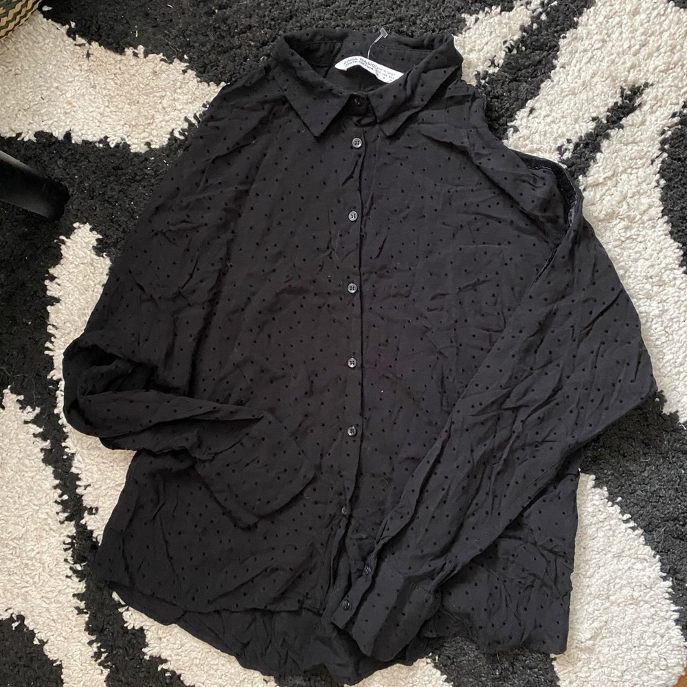 Zara Plumetis Black Button Down Top Medium